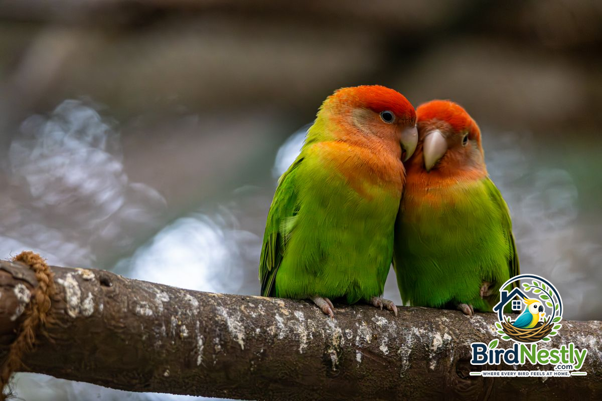 Pair of lovebirds perched together on a branch