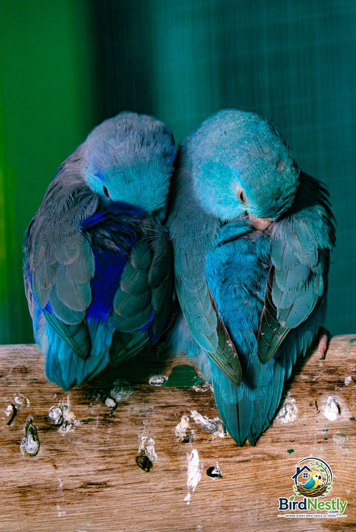 Blue Pacific parrotlets resting together on a wooden perch